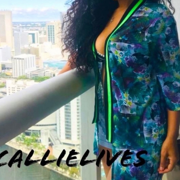 New! Kimono Neon Green Sheer Stripe Swim Coverup - Picture 4 of 5